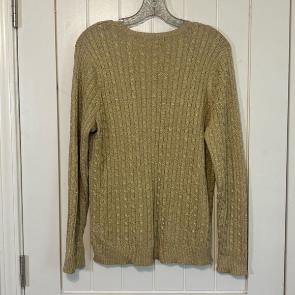 Lauren Ralph Lauren V Neck Cable Knit Silk Blend Metallic Gold Sweater - Picture 4 of 5